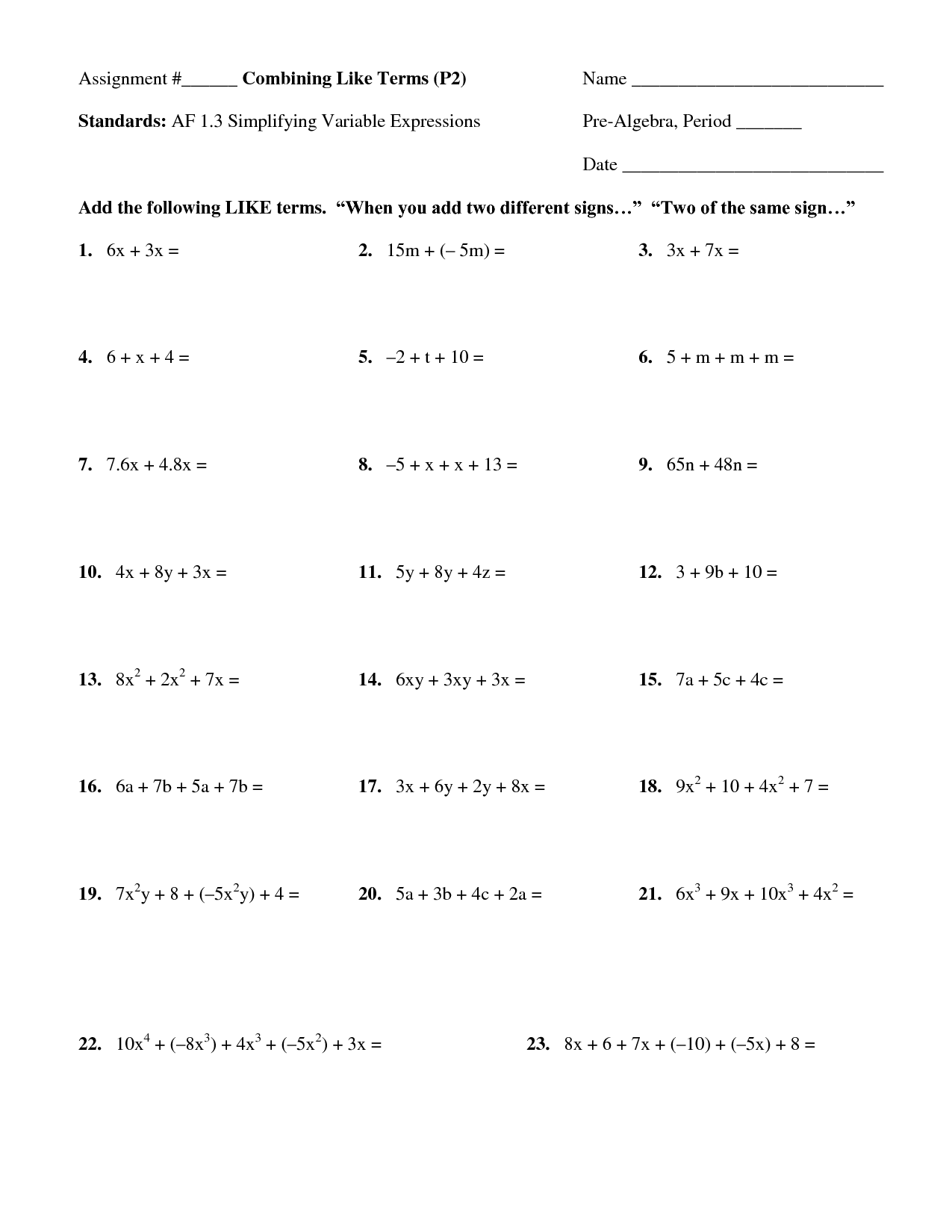 13 Best Images of Combining Like Terms Worksheet Answer ...