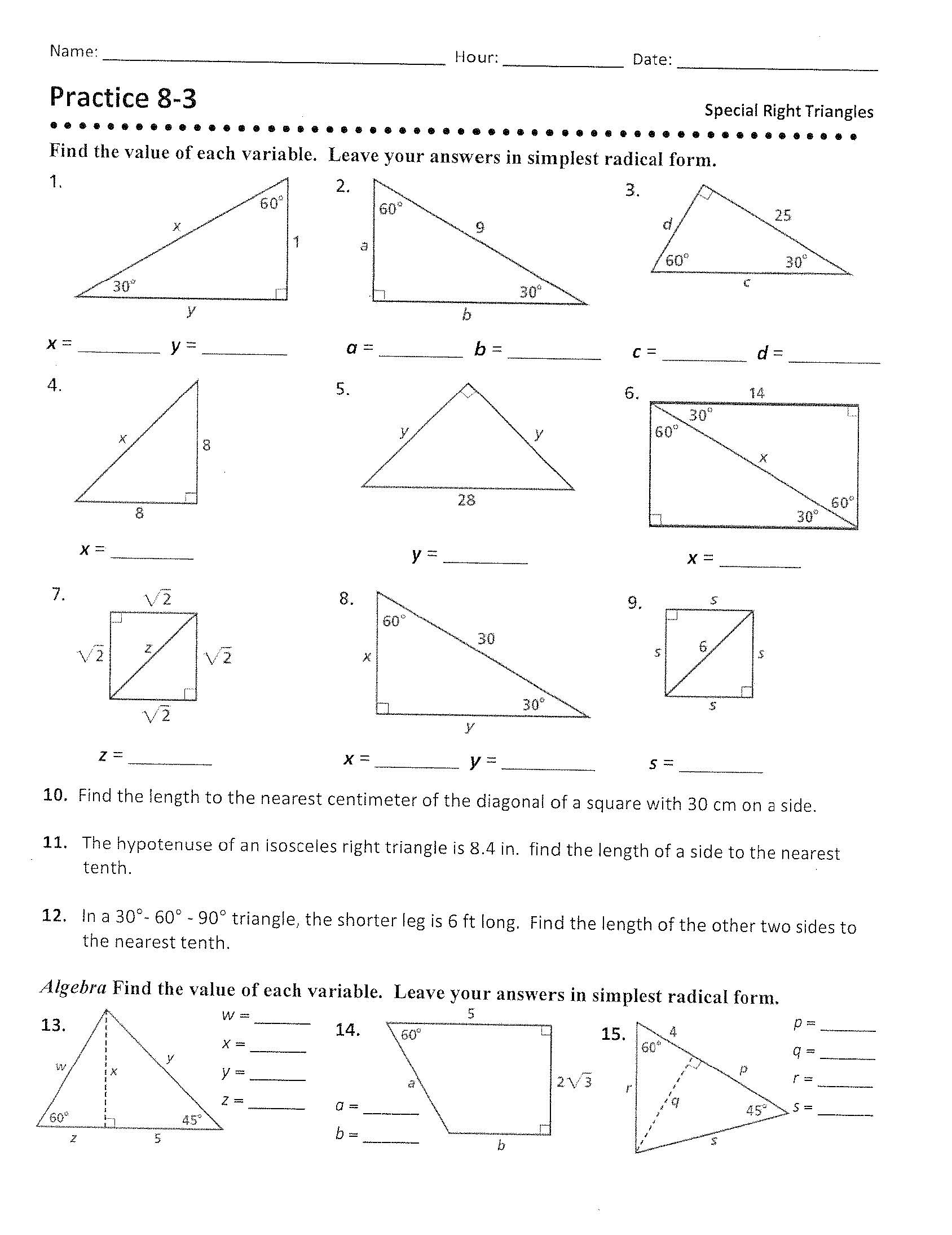 29 Special Right Triangles Practice Worksheet