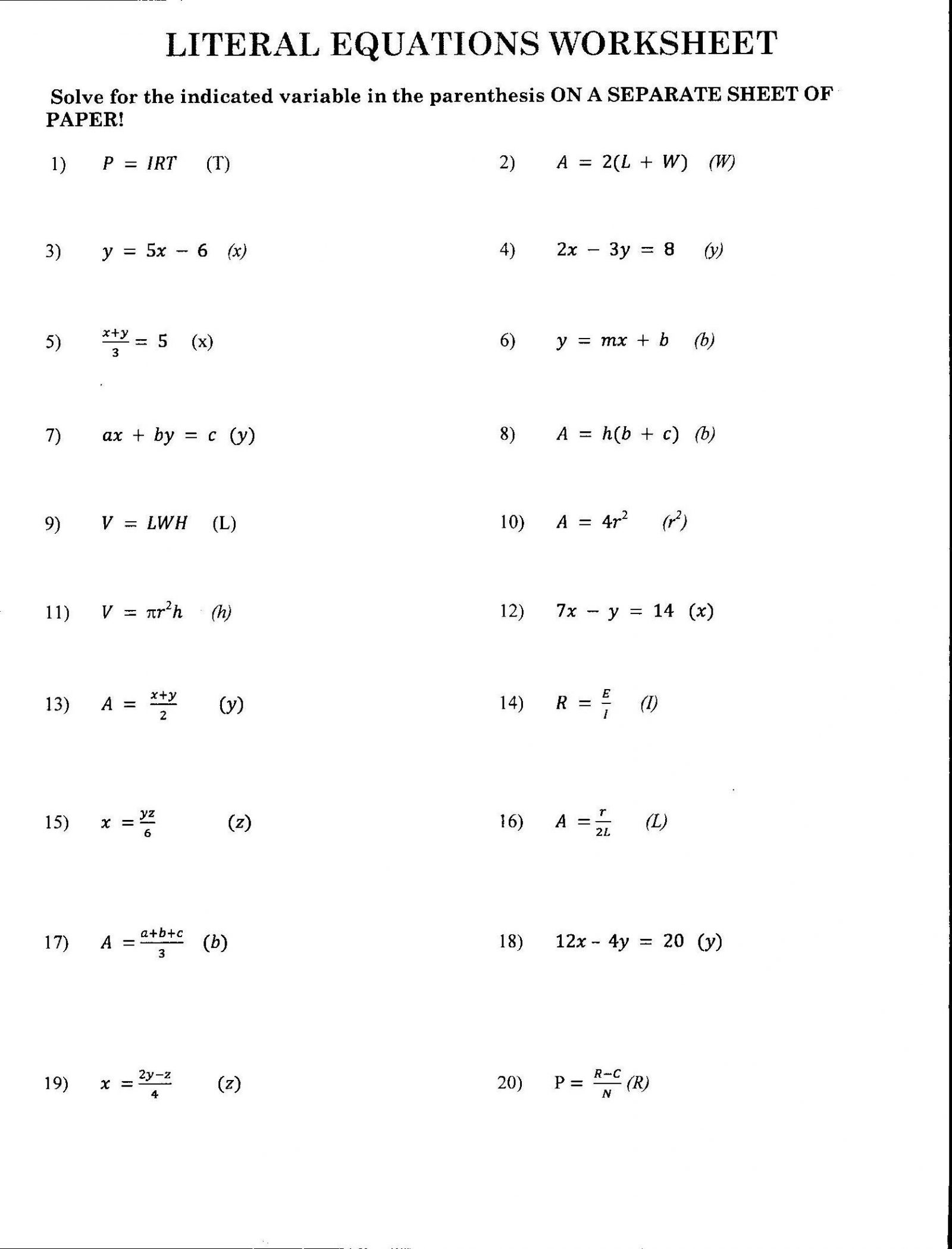 9th Grade Algebra 1 Printable Worksheets