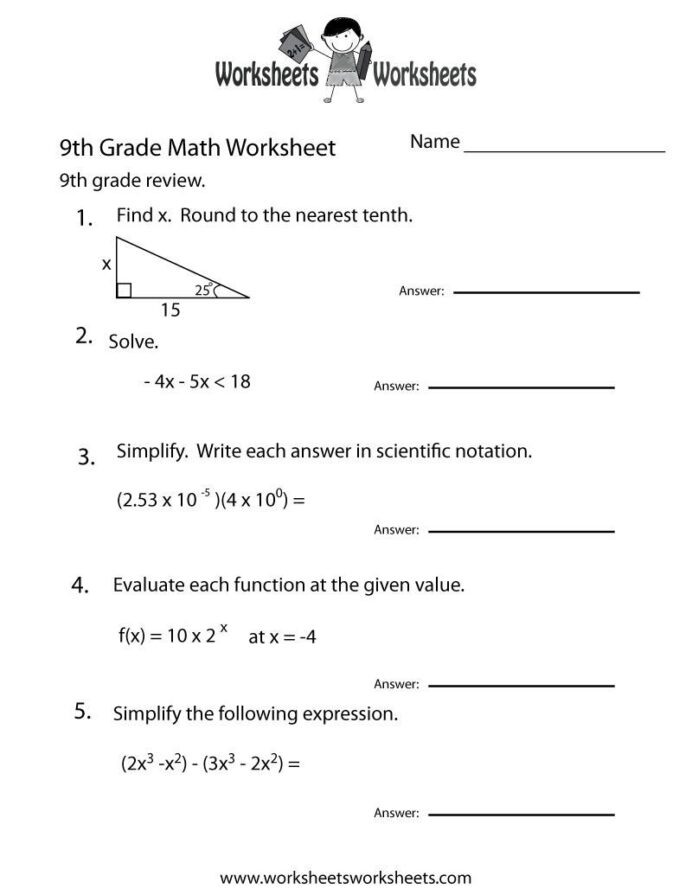 9th Grade Math Worksheets Worksheets word problems for ...