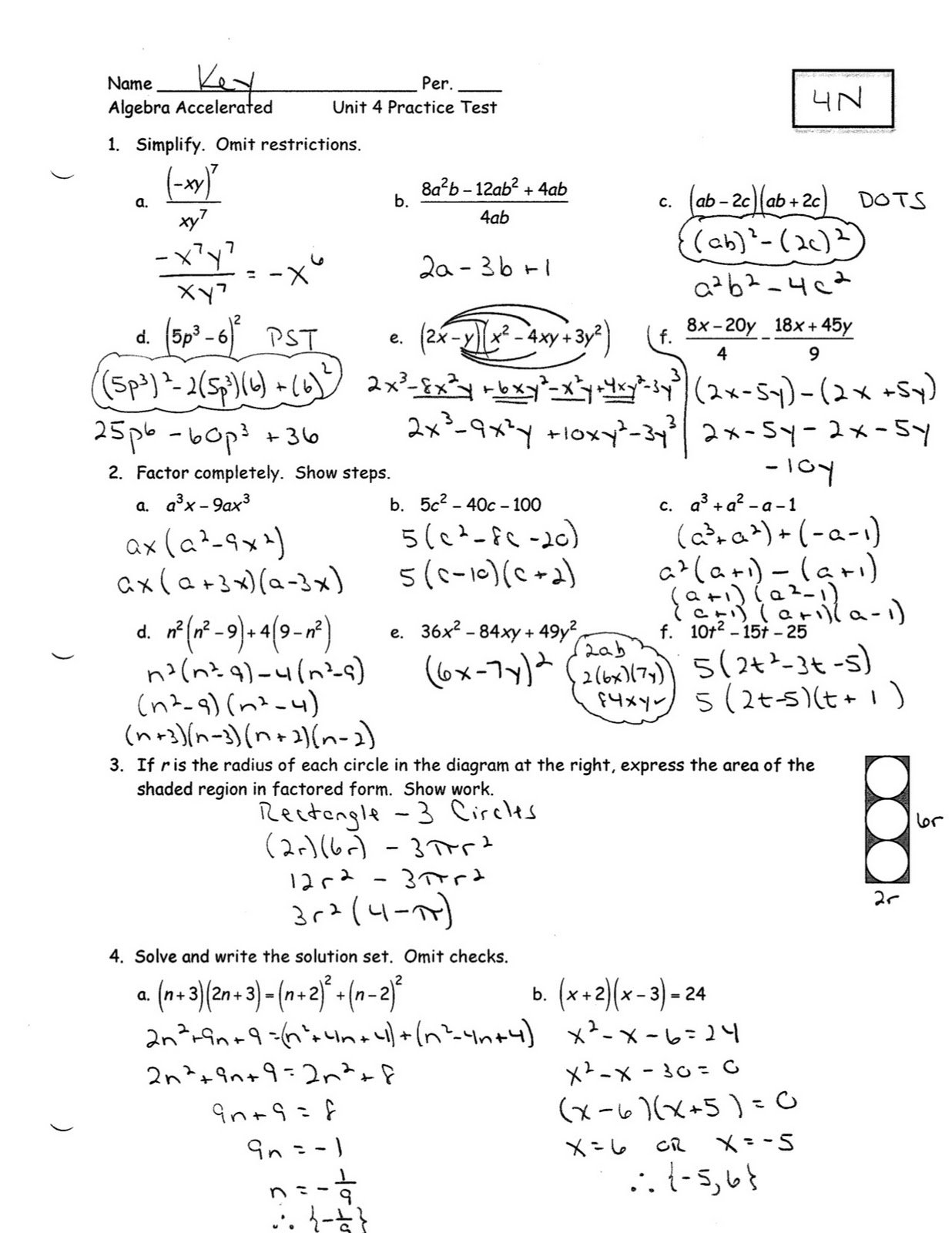 Algebra 1 Unit 4 Test Linear Equations Answers