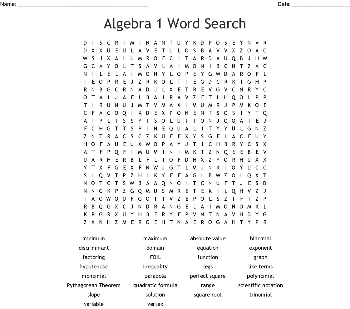 Algebra 1 Word Search