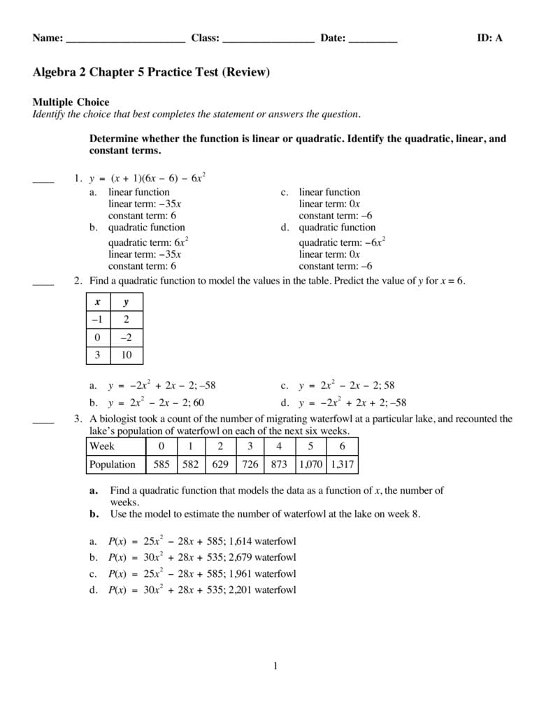 Algebra 2 Chapter 5 Practice Test Review  db