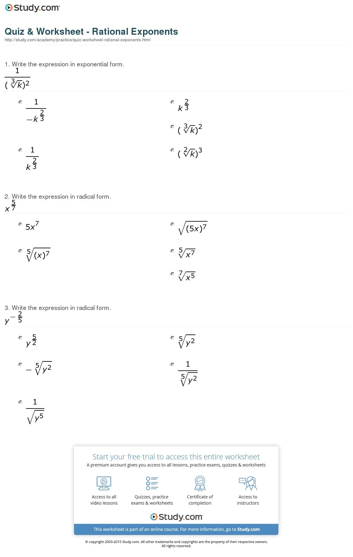 Algebra 2 Exponent Practice Worksheet Answers â db