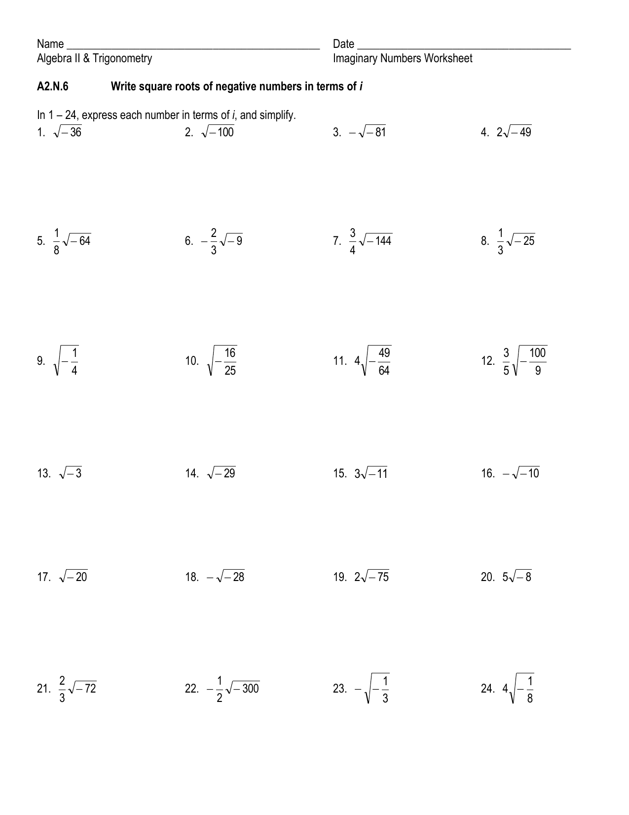 Algebra 21 Simplifying Radicals Imaginary Numbers Worksheet Inside Algebra 2 Worksheet Pdf