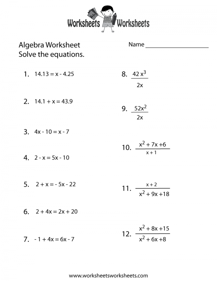 Algebra Practice Problems Worksheets
