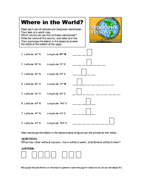 Education World: Latitude and Longitude Worksheet
