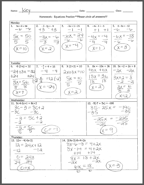 Equations Homework Answers