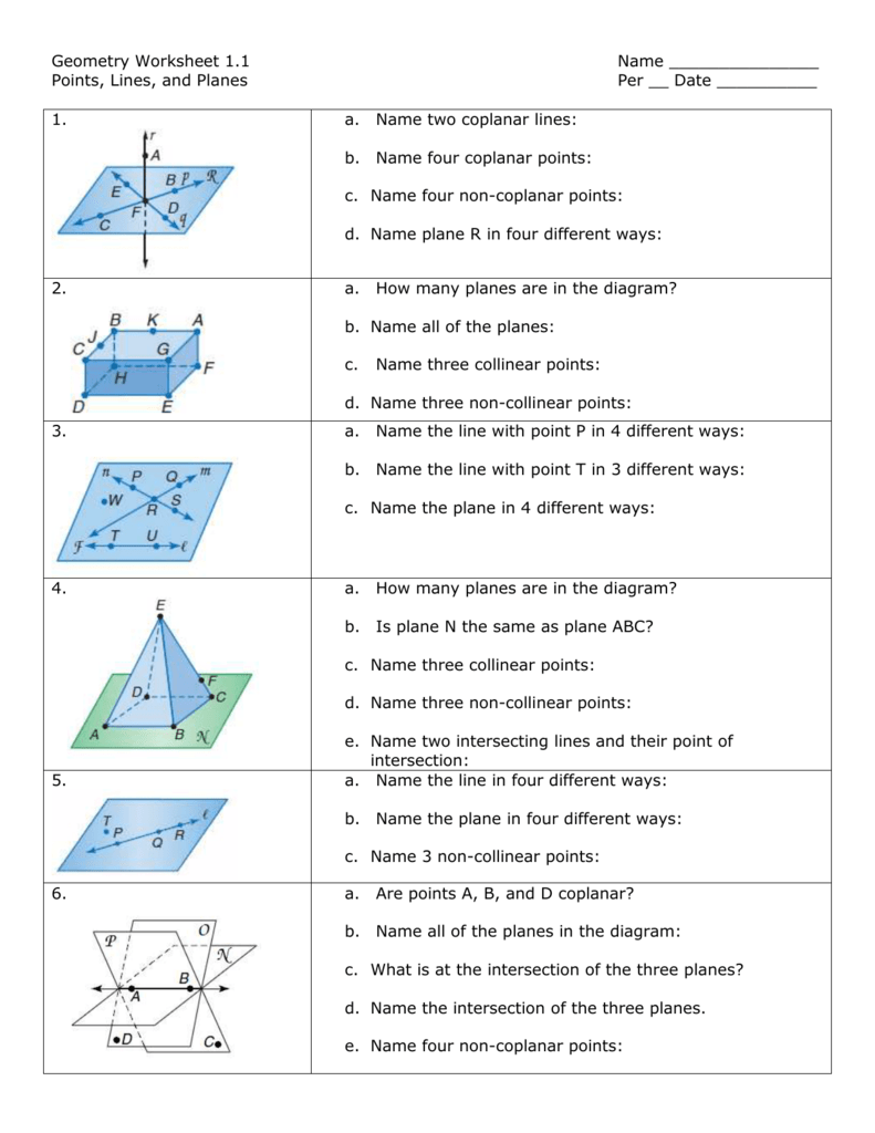 Geometry Worksheet 1.1 Name Points, Lines, and Planes Per