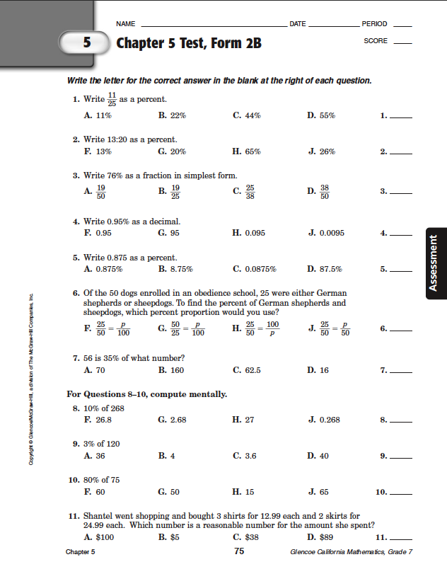 Glencoe Algebra 1 Chapter 5 Test Form 1 Answer Key ...