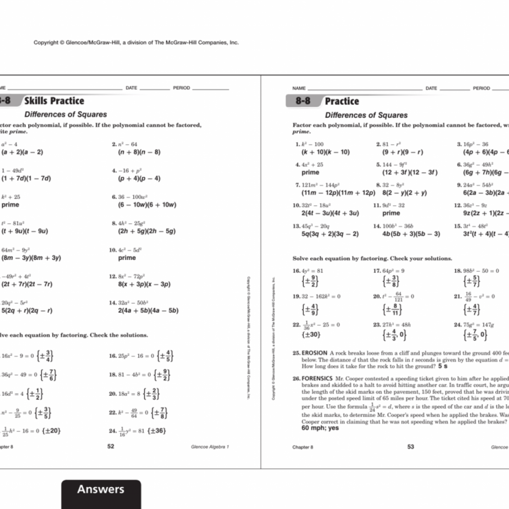 Glencoe Algebra 1 Practice Worksheets