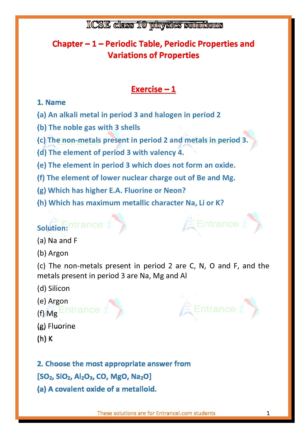 ICSE Class 10 Chemistry solutions for chapter