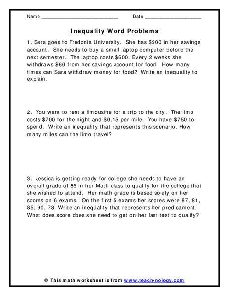 Inequality Word Problems Worksheet for 6th