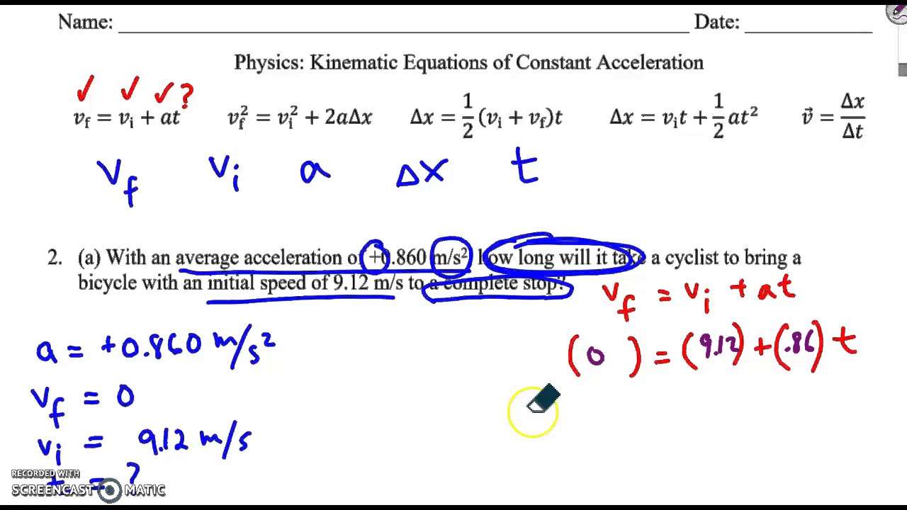 Physics Kinematics Equations Constant Acceleration