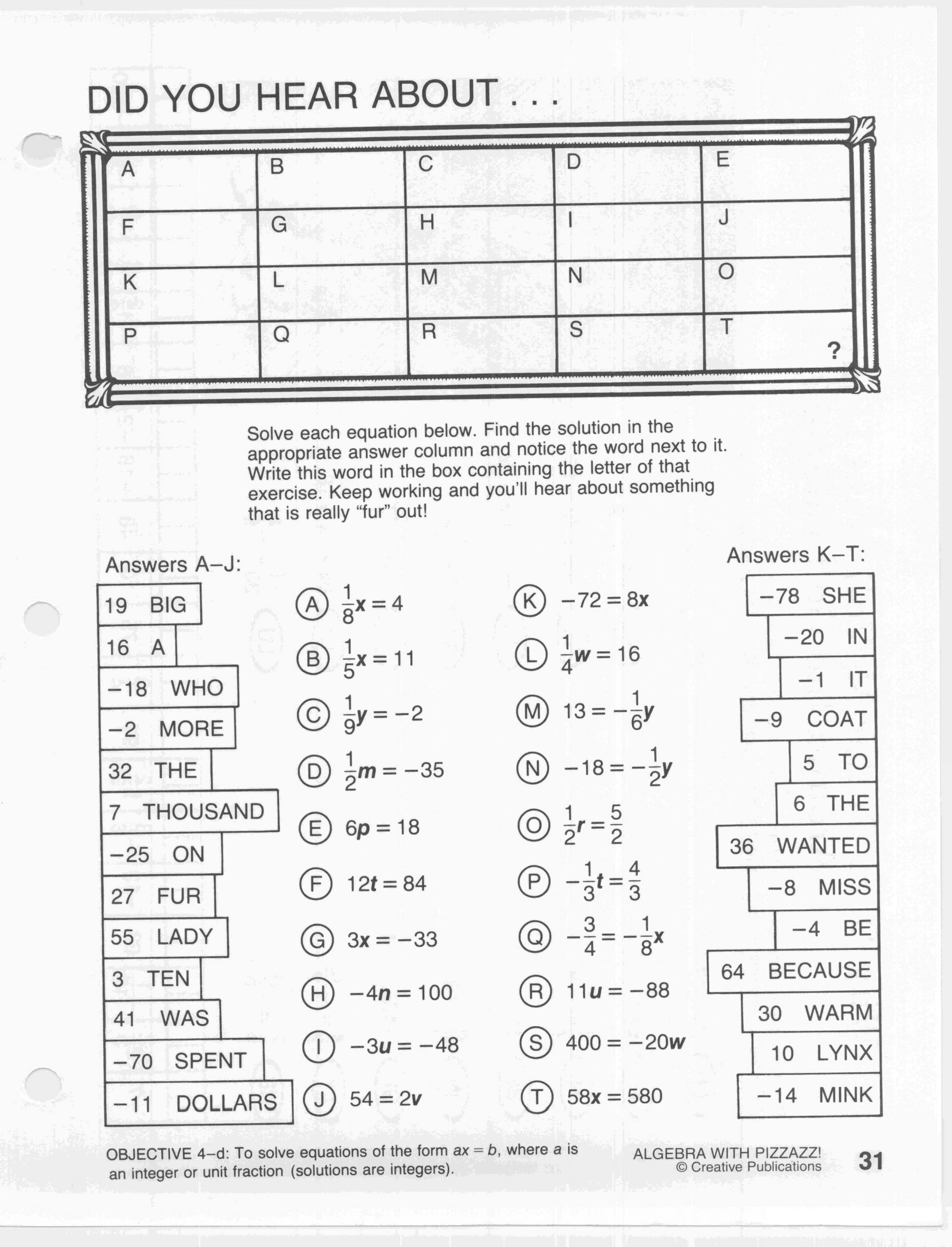 Pizzazz Math Worksheets Answers Did You Hear About ...