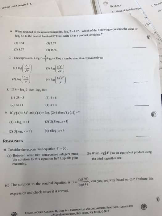Solved: Name: Date: LOGARITHM LAWS COMMON CORE ALGEBRA II ...