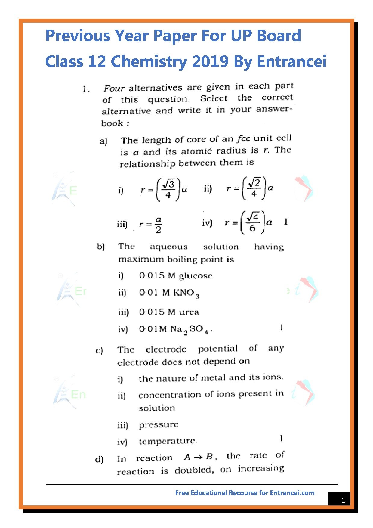 UP Board Class 12 Previous Years Chemistry 2019 Question Paper