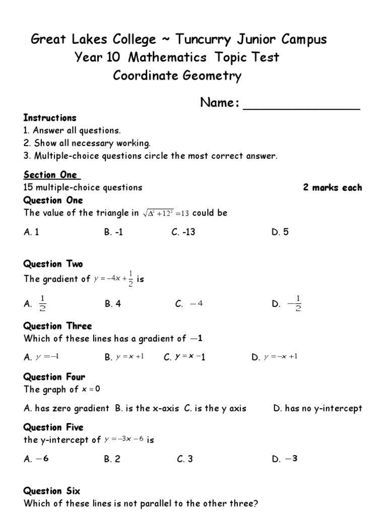 Yr 10.1 Coordinate Geometry Test